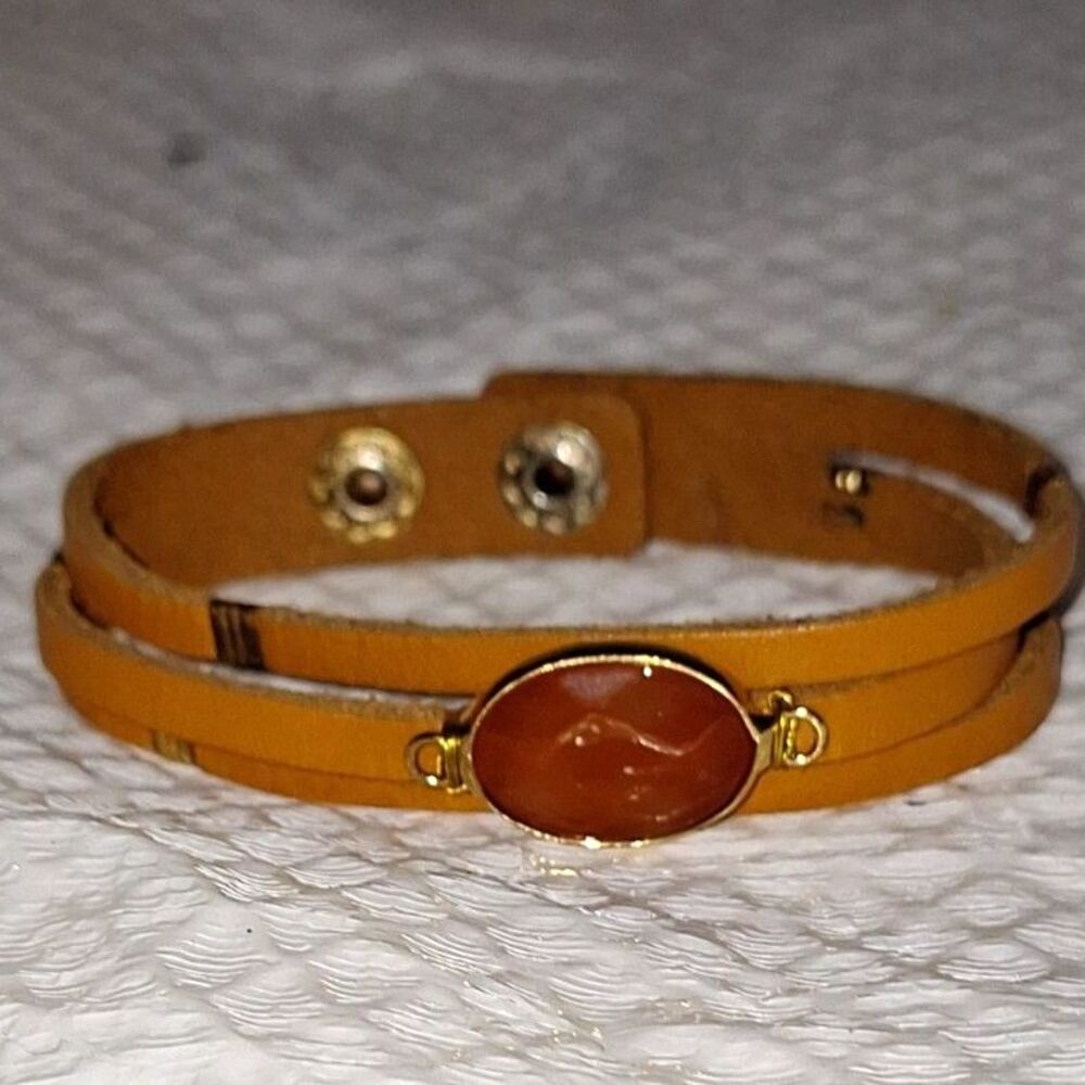 A Leather Strappy Women's Bracelet Faux Carnelian Boho Hippie Grunge Layered
